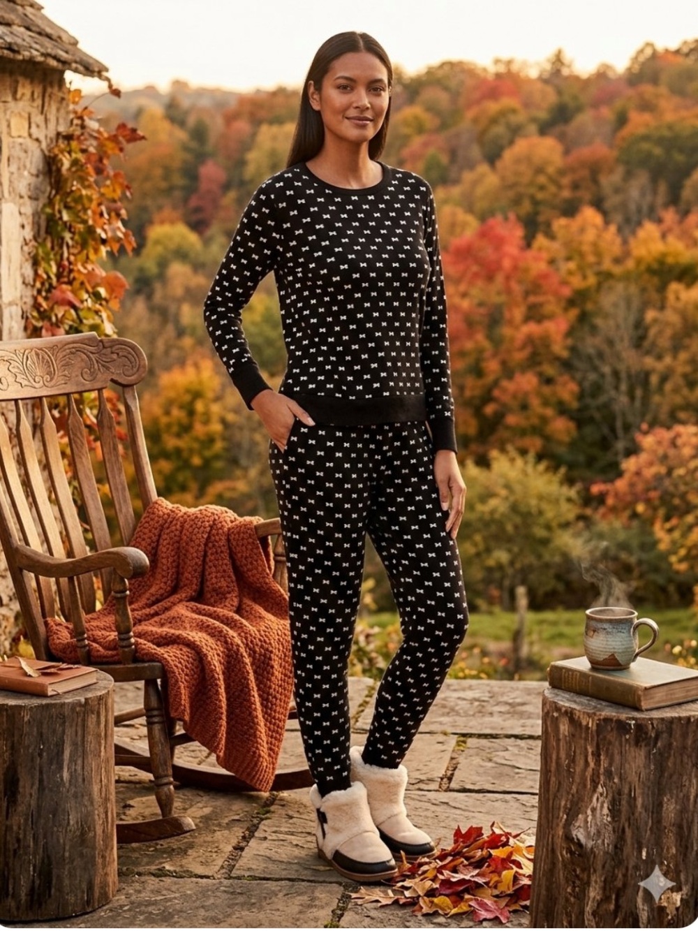Kate Spade New York 2-
Piece Bow Print Pajama Set Black Pink
Velour Fleece M
